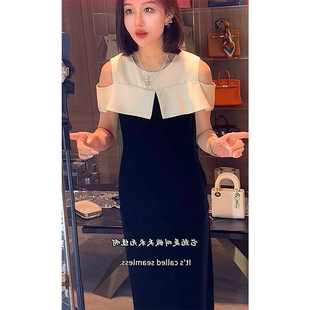 欧洲站2025夏季 减龄百搭显瘦洋气名媛风撞色露肩连衣裙女 新款 时尚