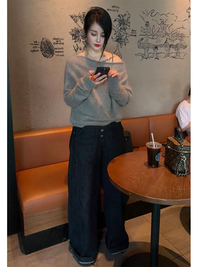 韩系斜领针织上衣高腰长裤套装