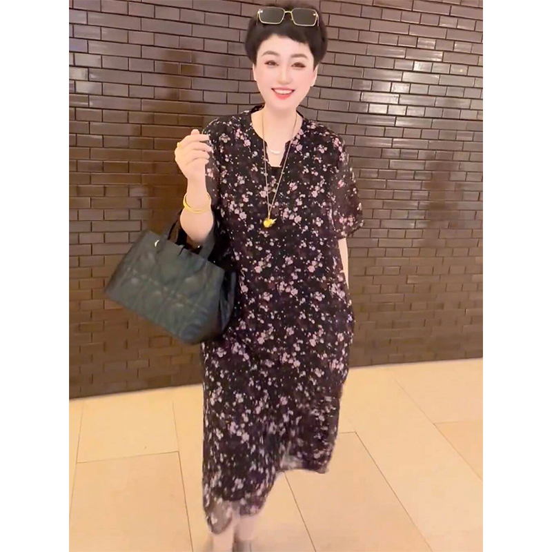 高级感宽松薄款圆领碎花连衣裙女