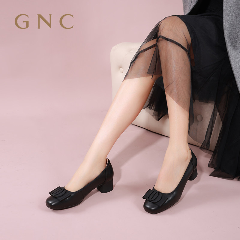 gnc粗跟妈妈鞋真皮软底2024春季新款单鞋舒适女鞋中跟黑色软皮鞋