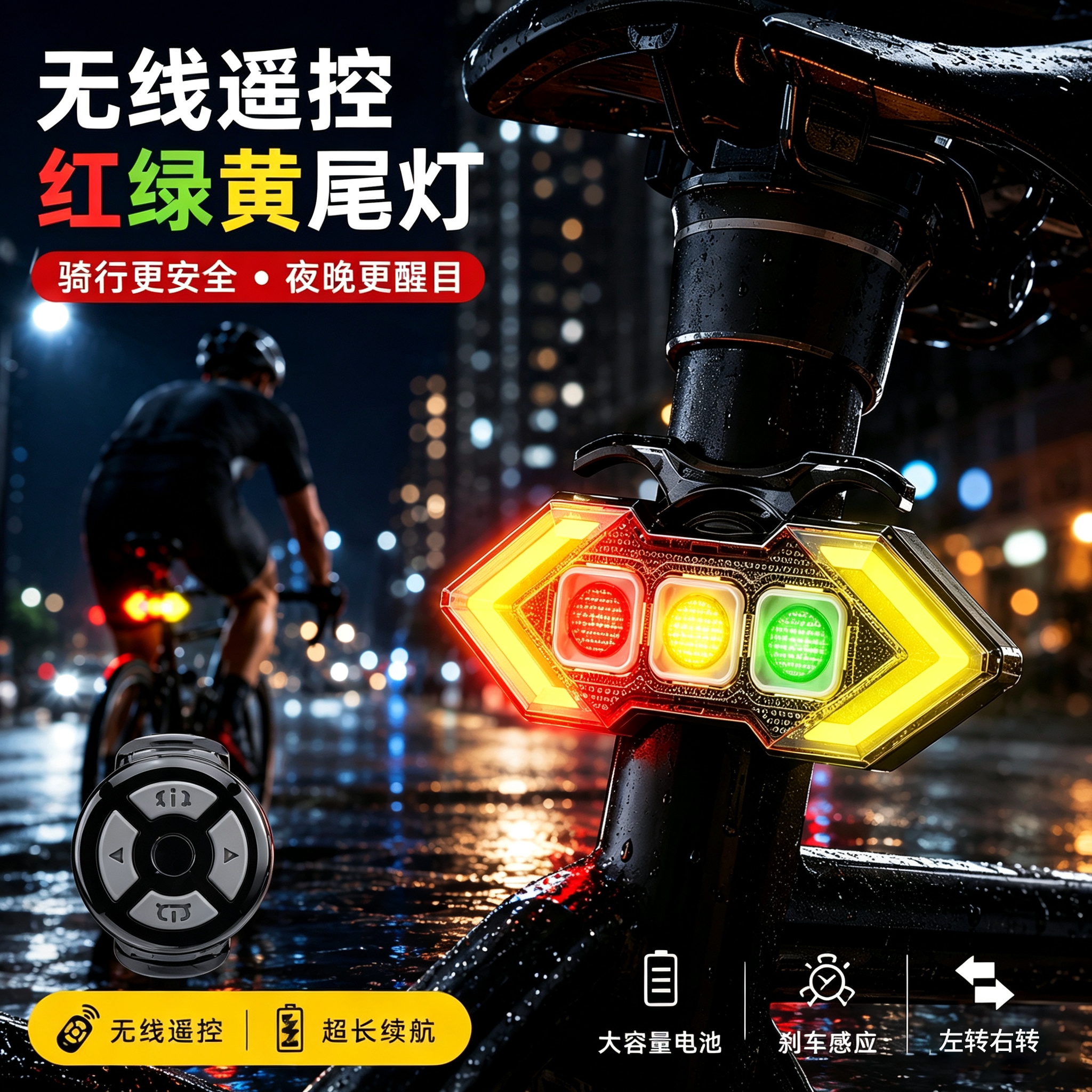 自行车转向灯喇叭一体专用夜间骑行警示超亮山地公路单车强光尾灯