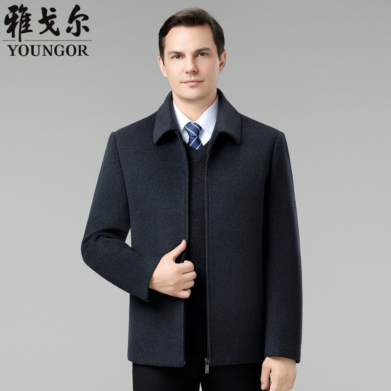 雅戈尔男士翻领羊毛呢夹克商务休闲羽绒内胆外套中年爸爸装呢子冬