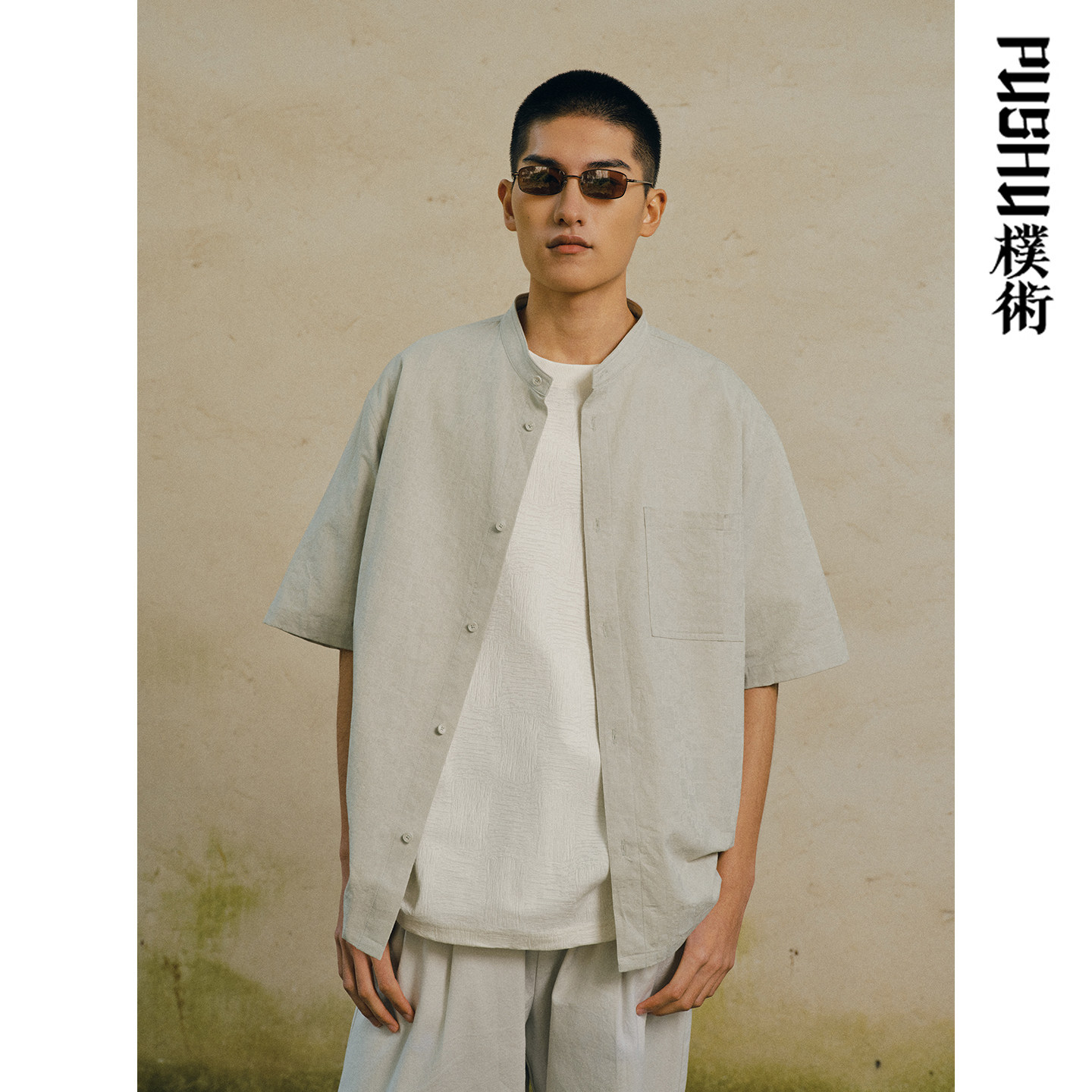 朴术男装2026年商场同款夏季新品绿色上衣简约文艺风五分短袖衬衫