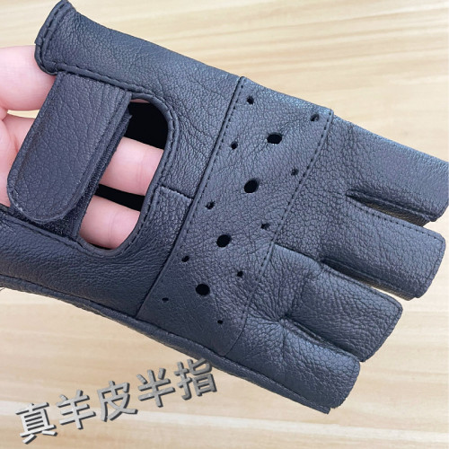 羊皮半指手套男士秋冬摩托车骑行户外骑车透气机车露指皮手套耐磨