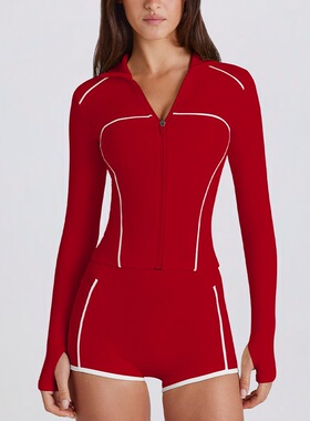 欧美跨境新款速干网球健身套装女长袖拉链运动修身上衣短裤两件套