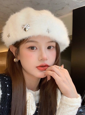 毛绒贝雷帽日系可爱蝴蝶结兔毛毛绒贝雷帽子女秋冬季千金甜美百搭