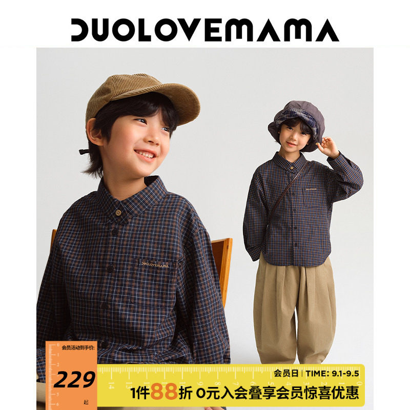 DUOLOVEMAMA 学院风文艺感交叠领儿童长袖衬衫男女童百搭格纹上衣图片