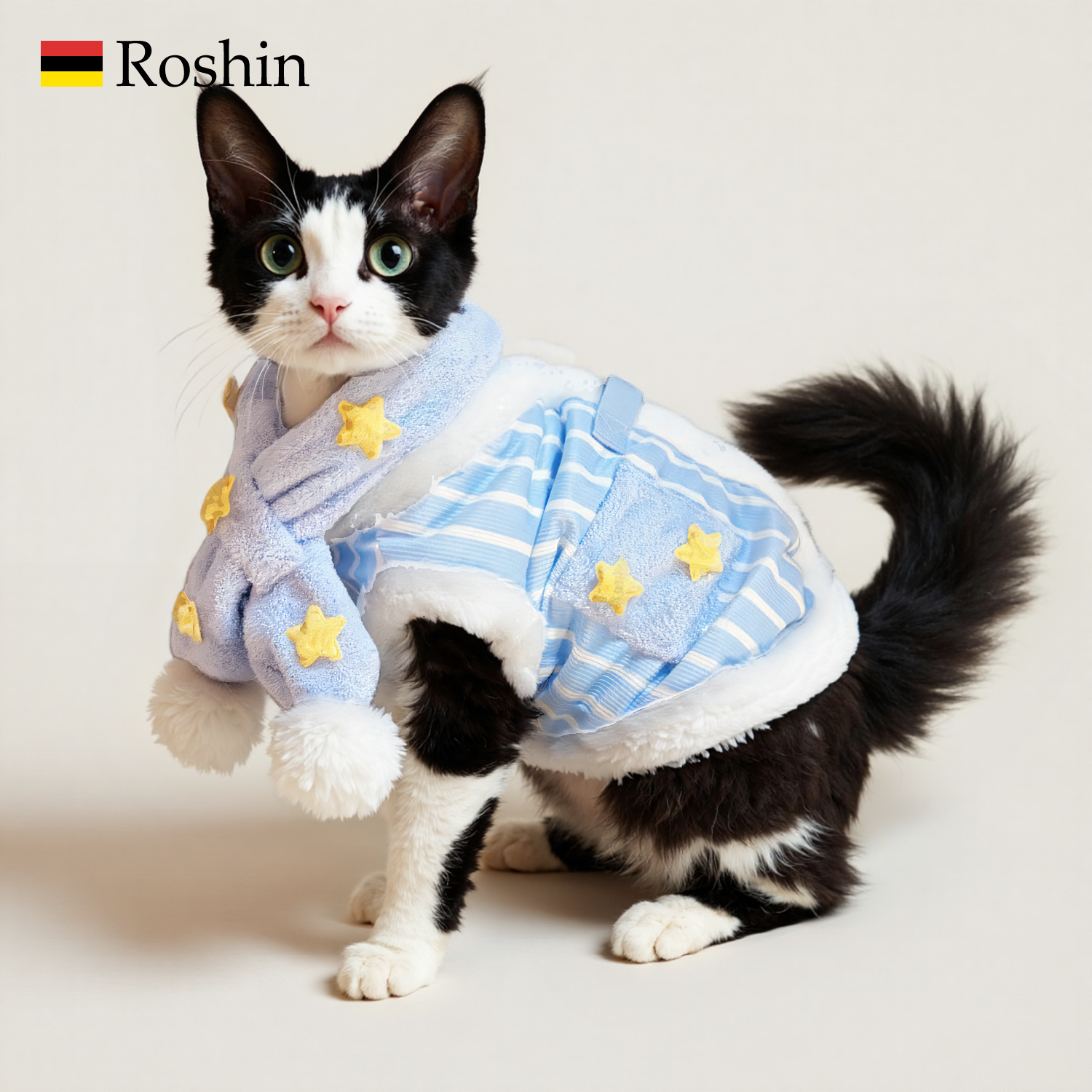 蓝色满天星条纹围巾牵引马甲猫咪秋冬加厚两脚绒衣德文猫宠物衣服