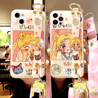 卡通美少女适用苹果15promax手机壳腕带斜挎iPhone12背带绳软壳13支架新款11可爱14蓝光XR全包7plus女款8/X潮