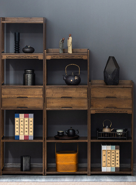 博古架新中式茶叶收纳柜摆件古董茶架隔断置物书柜储物柜收纳柜