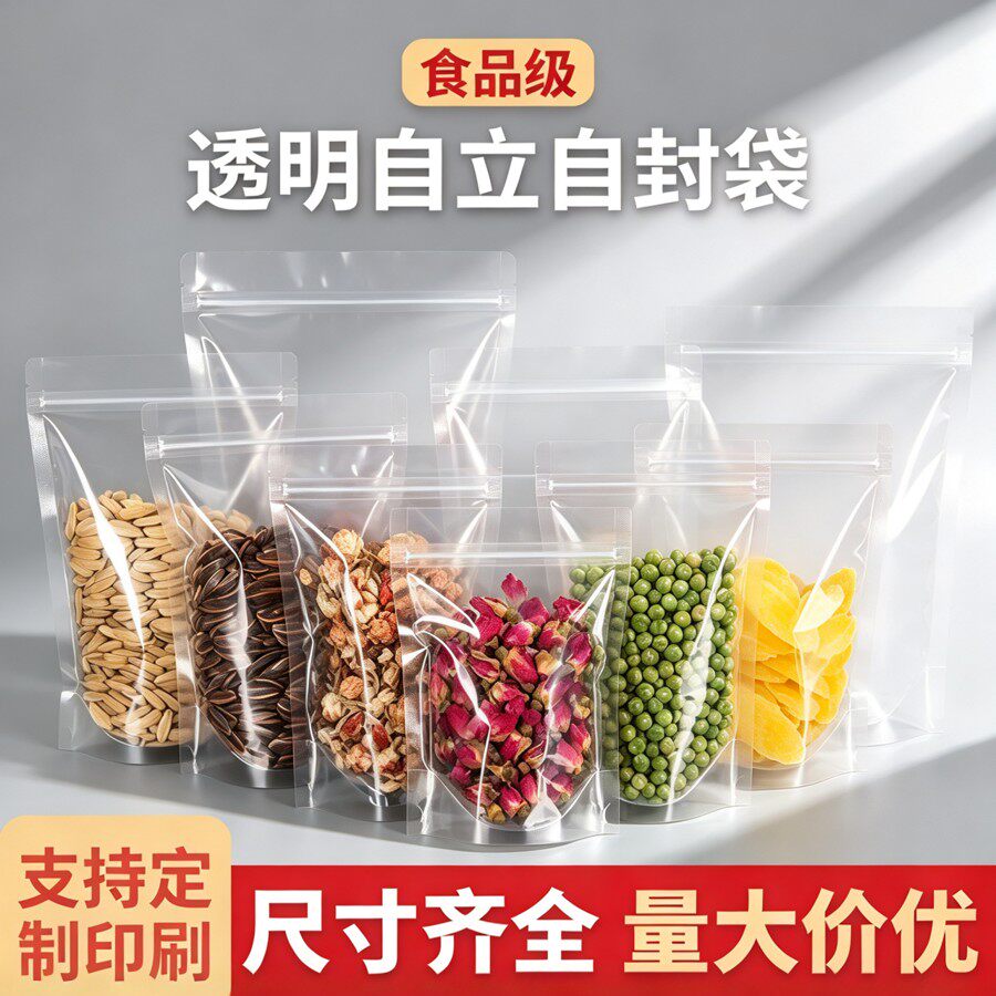 透明自立拉链袋加厚食品级，高清展示产品质感自封密封防潮防串味