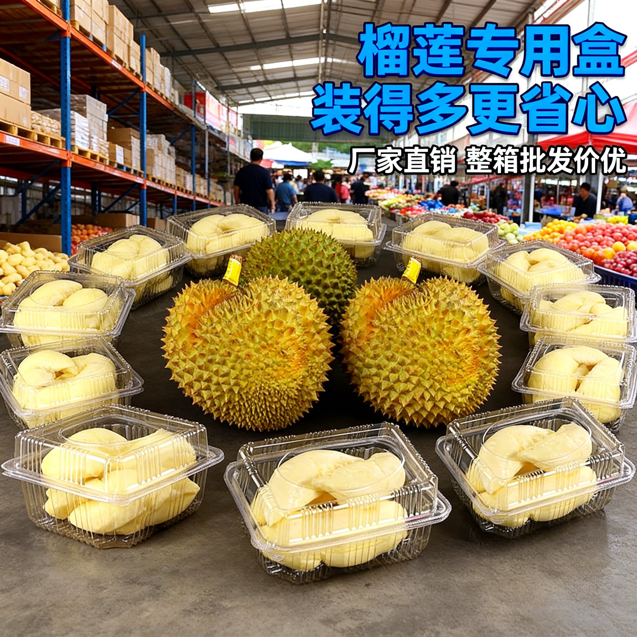 一次性榴莲肉打包盒带盖密封黑底透明盖高端全透明Pet榴莲果肉分