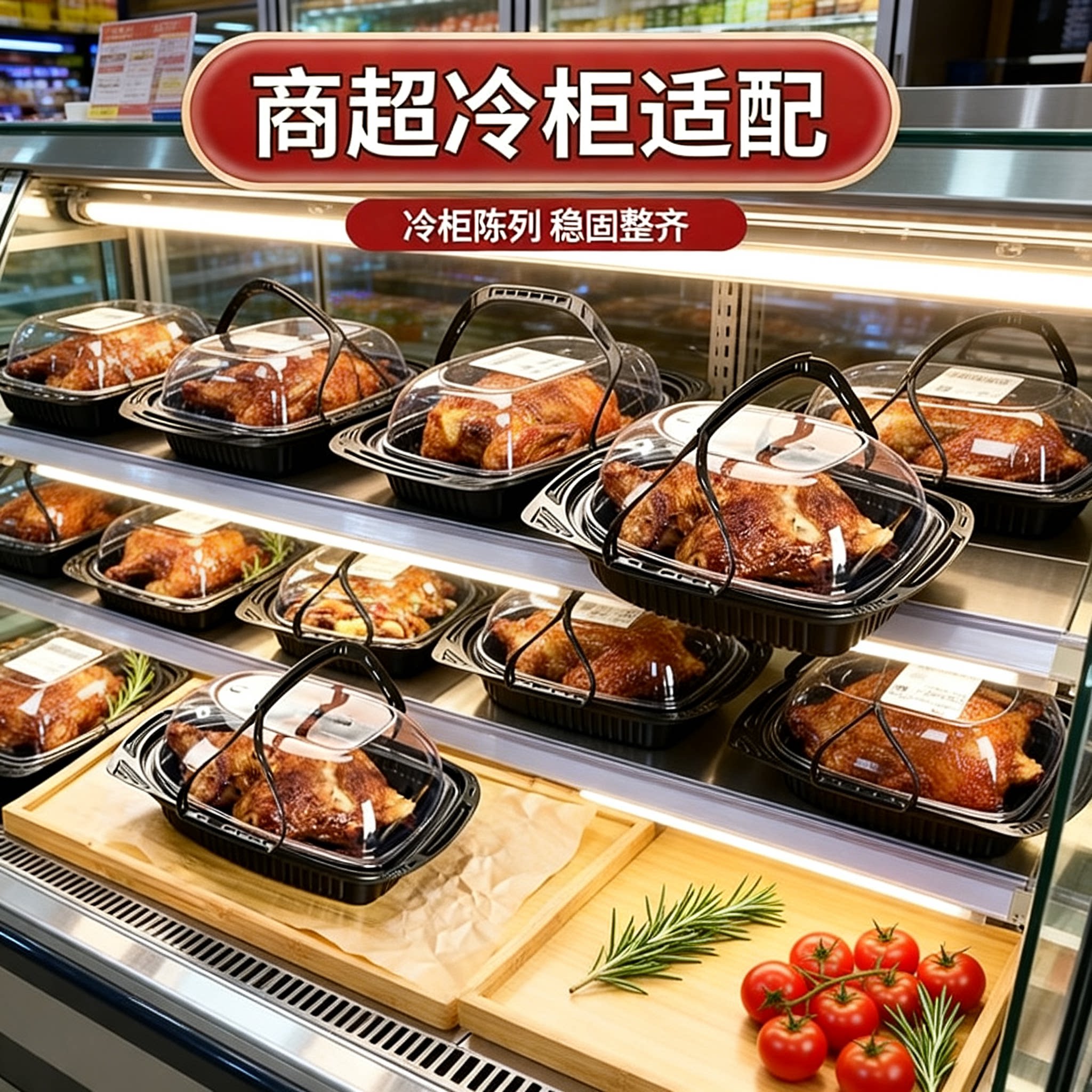 整只烤鸭黑底防雾打包盒高透防雾盖冷柜陈加厚盒身承重稳烤鸡乳鸽图片