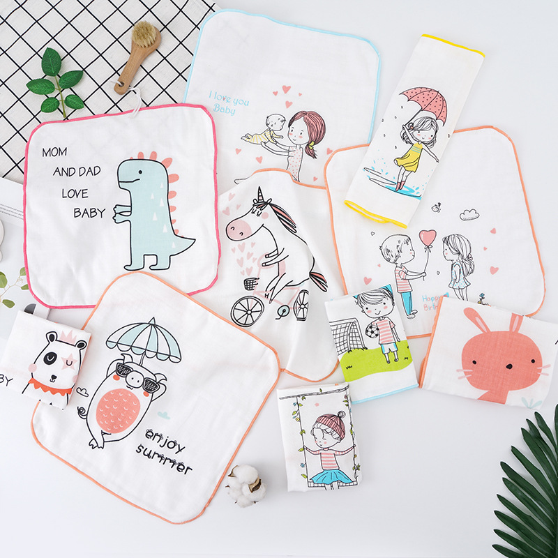 春夏款婴幼儿四层高密印花小方巾 宝宝口水巾 幼儿园洗脸小手帕