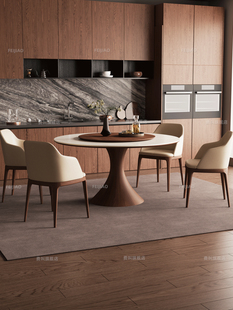 德利丰岩板餐桌圆形带转盘餐台现代简约意式高端白蜡木小户型圆桌