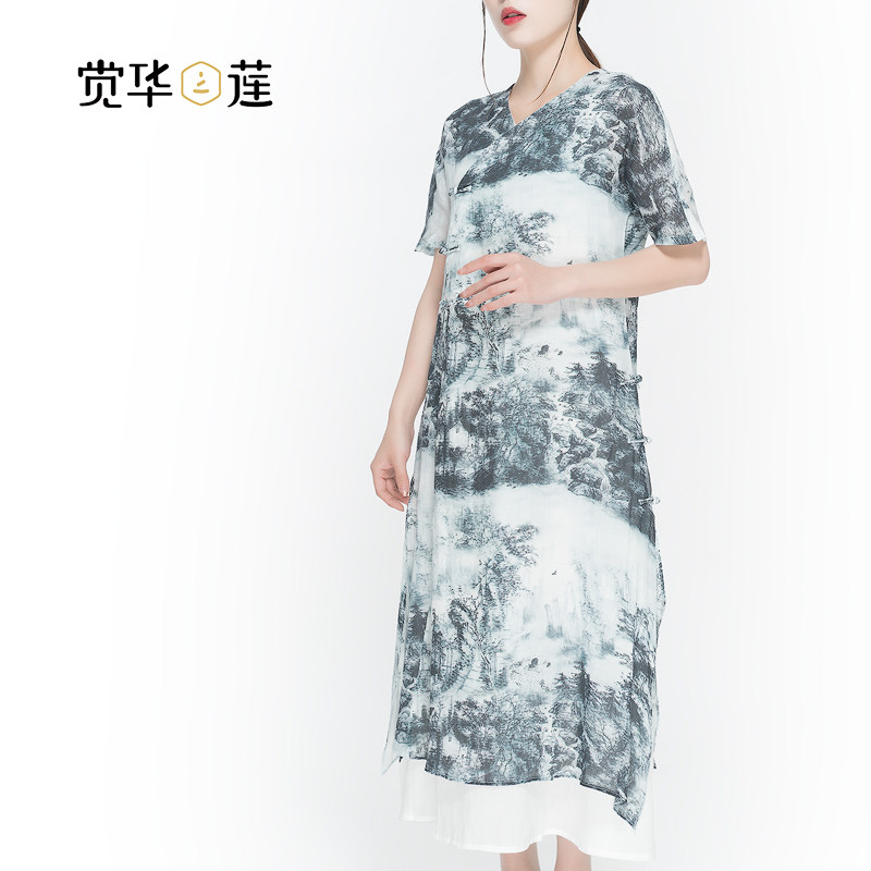 觉华莲夏季原创汉服中式改良水墨仙女长款连衣裙复古盘扣短袖长裙
