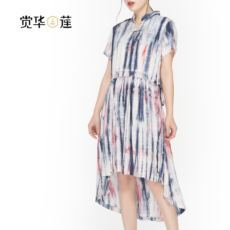 觉华莲2020原创新款夏中国风改良收腰连衣裙盘扣棉麻短袖仙女长裙