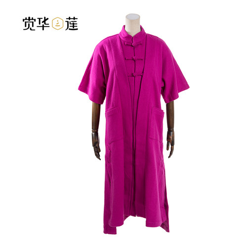 觉华莲原创设计秋冬气质宽松时尚盘扣假两件毛呢立领外套女中长款