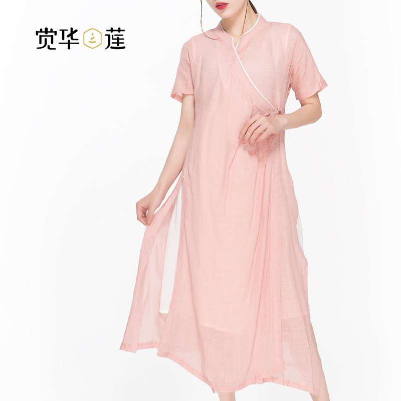 觉华莲连衣裙女2020新款夏中国风禅意仙女盘扣中式短袖棉麻复古裙
