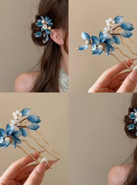 蓝色琉璃花朵发梳新中式盘发簪子发钗旗袍配饰u型发簪发饰头饰女