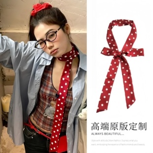 韩版时尚复古波点丝巾港风百搭丝带长款头巾简约发带洋气精致饰品
