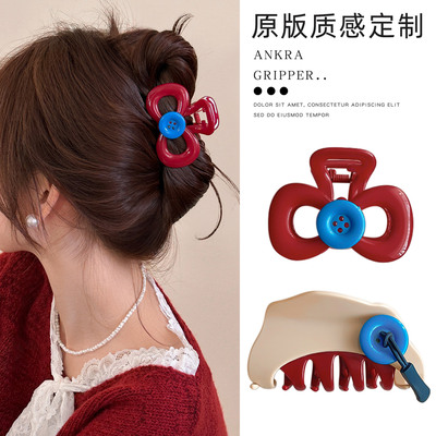 安可拉红中号蝴蝶结抓夹女2025新款高级感鲨鱼夹子盘发夹发卡头饰