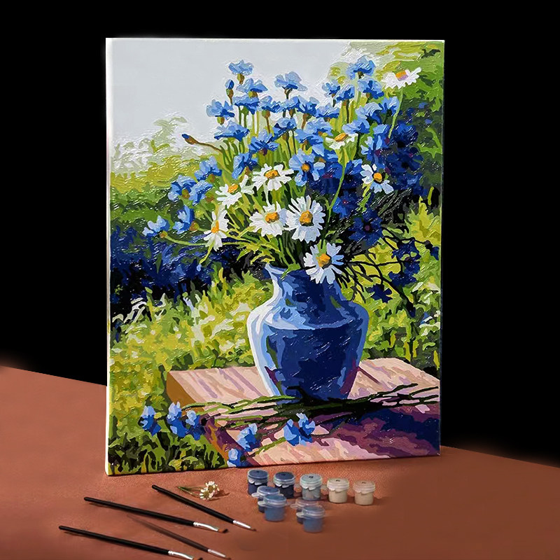 油画diy数字油彩画花卉填色装饰画减压神器紫丁香与雏菊涂色填充