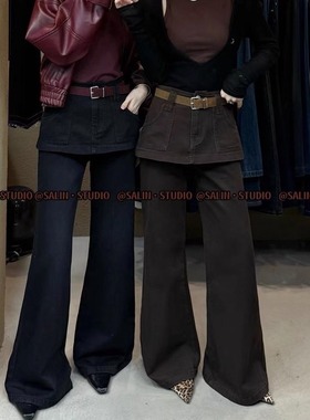 SALIN莎琳原创设计感屁帘牛仔裤复古高腰显瘦微喇裙裤女长裤#3879