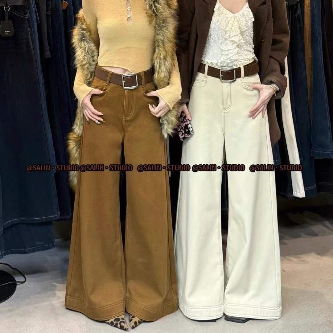 SALIN莎琳冬款7719加绒高级感垂感宽松A字阔腿牛仔裤女拖地裤长裤