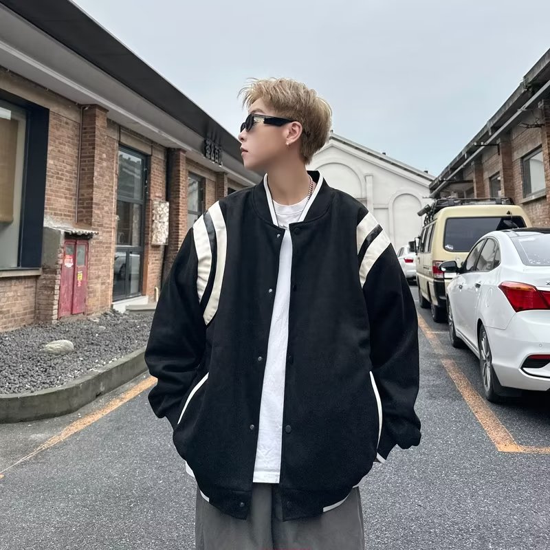 港风街头麂皮绒棒球服外套男美式复古秋冬季夹克撞色设计JK010,男装夹克,星座603-2