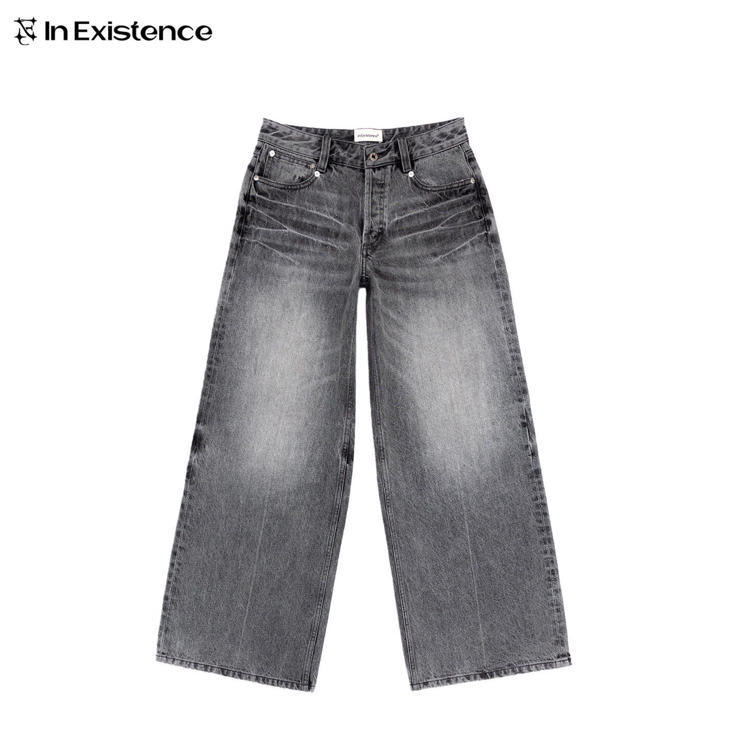IN EXISTENCE x i 联名复古水洗闪电纹扎花A字宽松灰色牛仔裤