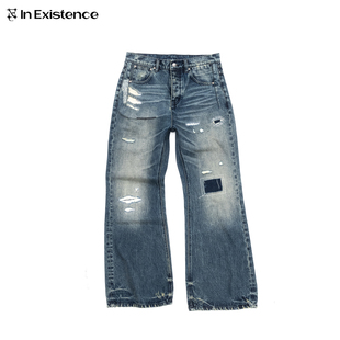 存世25FW「蕴」磨损补丁破坏手缝针刺子微喇牛仔裤 EXISTENCE