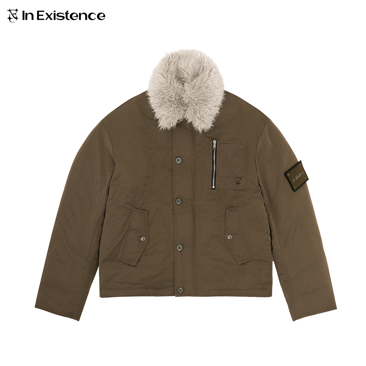 IN EXISTENCE存世 24FW可拆卸毛领贴布刺绣褶皱猎装棉服夹克外套