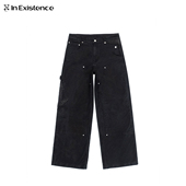 EXISTENCE存世26SS匹马棉拼羊皮异形裁片铆钉鼹鼠皮双膝伐木裤