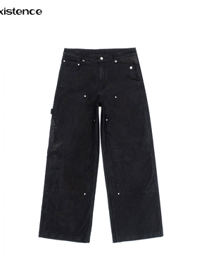 IN EXISTENCE存世26SS匹马棉拼羊皮异形裁片铆钉鼹鼠皮双膝伐木裤