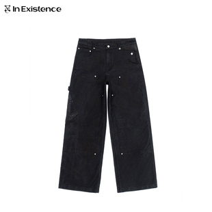 EXISTENCE存世26SS匹马棉拼羊皮异形裁片铆钉鼹鼠皮双膝伐木裤