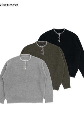 IN EXISTENCE存世 24FW羊毛混纺手缝线亨利领套头混纱毛衣针织衫