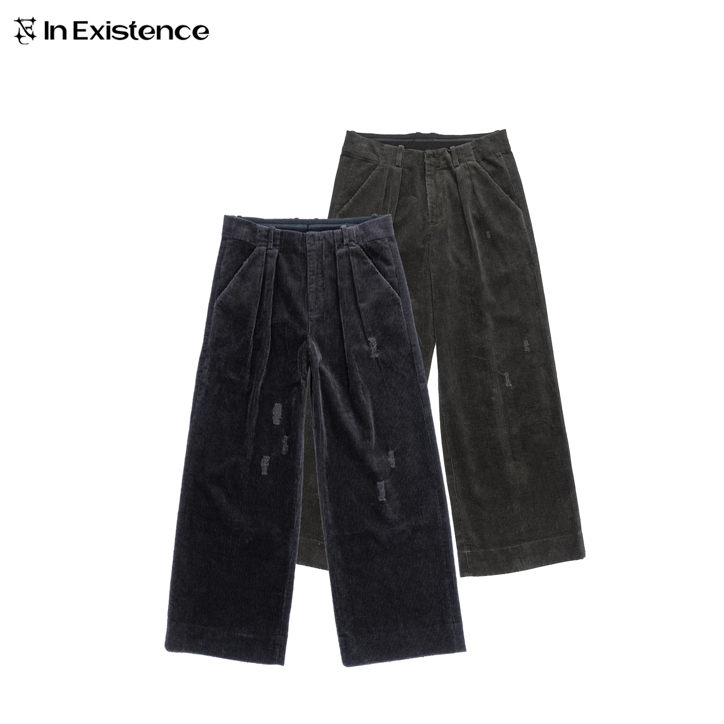 IN EXISTENCE存世25ss多褶破坏磨边水洗灯芯绒宽松阔腿西裤