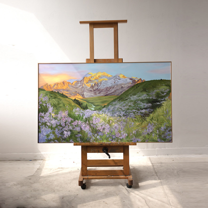 牧夏三千山原创手绘油画《格聂神山》日照金山挂画客厅背景装饰画