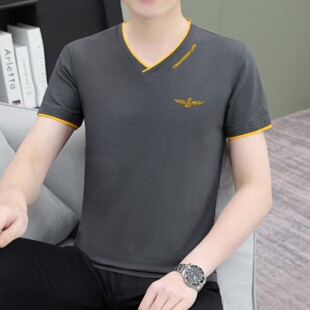 纯棉修身 夏季 T恤潮流简约半袖 新款 帅气青年V领短袖 打底衫 百搭男装