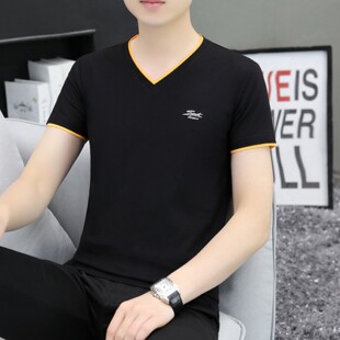 T恤V领男生修身 学生上衣新款 春夏纯棉鸡心领夏装 透气半袖 薄款 短袖