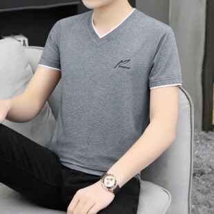 上衣打底衫 男士 休闲纯棉冰丝青年男装 T恤2026新款 休闲春夏V领短袖