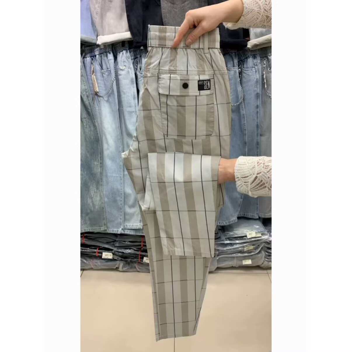 夏季薄款透气条纹休闲裤男士格子帅气百搭高档商务西裤直筒长裤潮