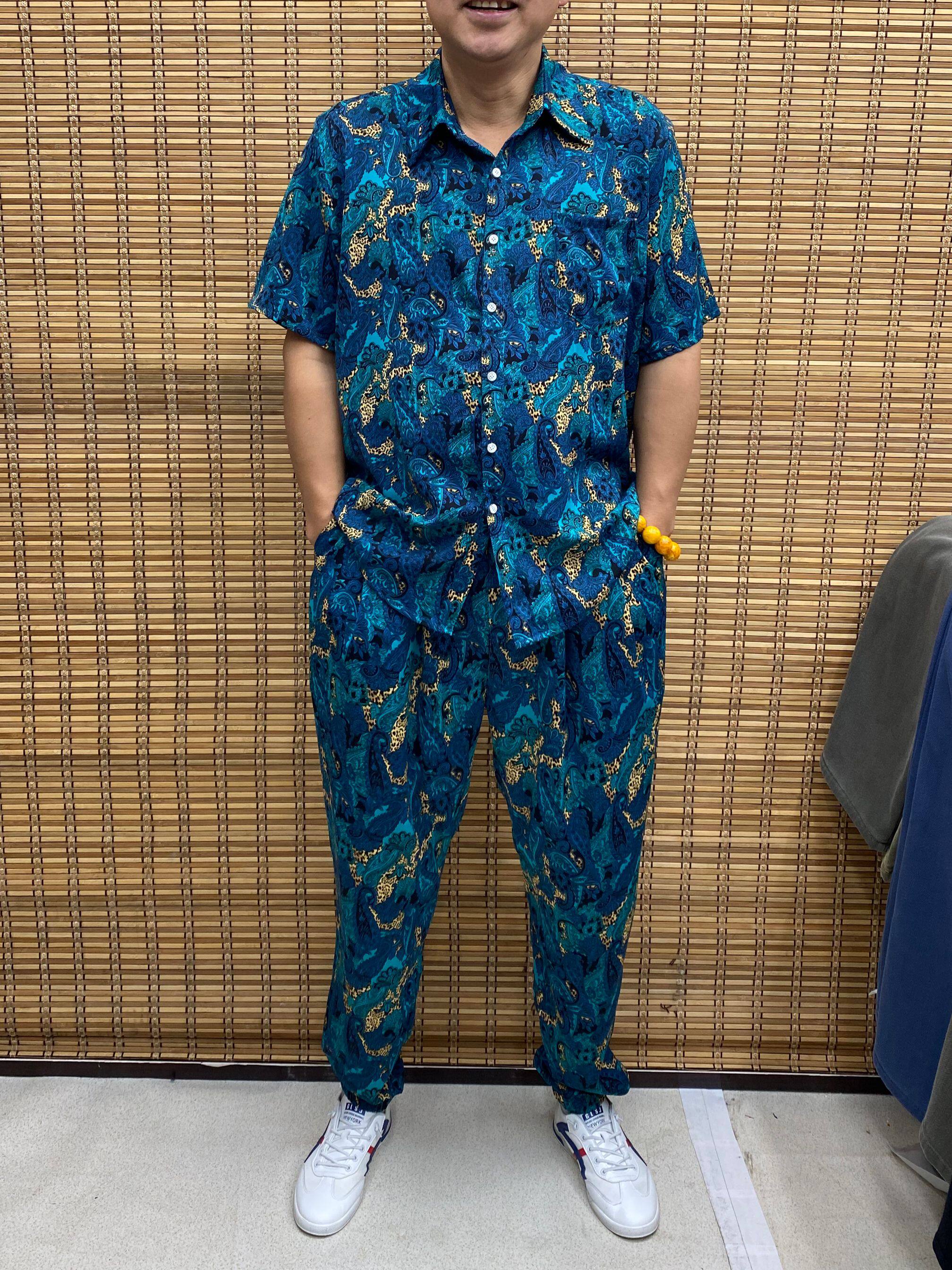 夏季半袖衬衫长裤运动套装男士宽松加肥大码清凉薄款哈伦两件套潮