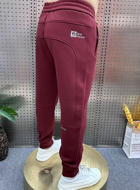 春秋季针织棉运动裤休闲裤男士红色长裤弹力小脚裤兜拉链束脚卫裤