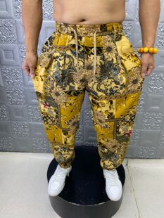 男士 中年蓝色小脚加肥哈伦裤 宽松薄款 透气抗皱长裤 印花老爹裤 夏季