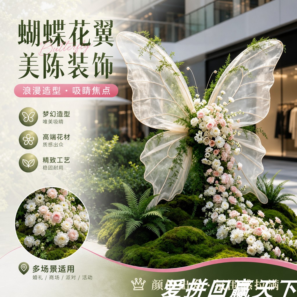 森系精灵之翼蝴蝶花艺造景户外商场酒店婚礼派对活动布置造景美陈