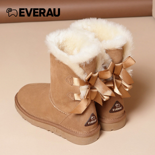 中筒靴子EA3044 加绒加厚东北棉鞋 EVERAU皮毛一体雪地靴女新款 冬季