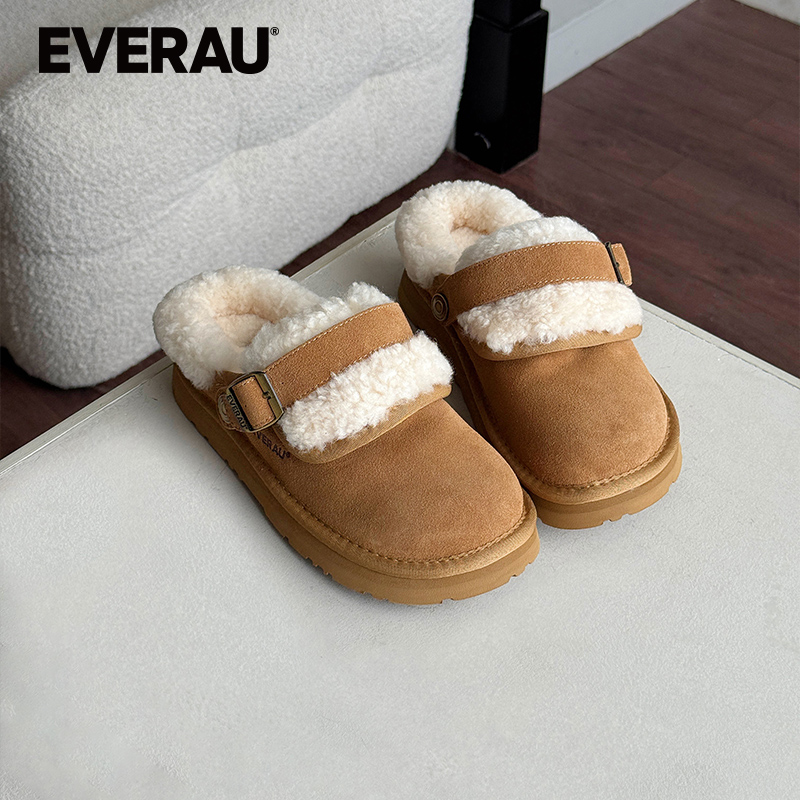 EVERAU羊皮毛一体毛毛鞋女士冬季新款包头休闲鞋EA2080