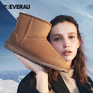 EVERAU短筒雪地靴女新款 防泼保暖羊皮毛一体雪地棉靴EA3001 冬季